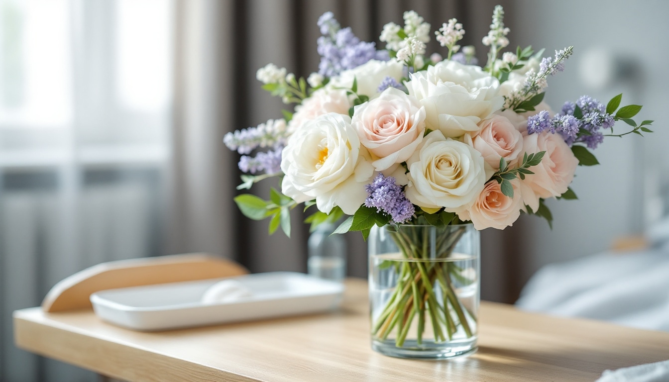 Bouquet de fleurs coupées en vase hermétique adapté aux maternités