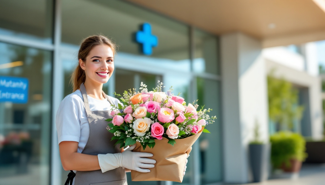 Livraison de bouquet de naissance express devant l'entrée d'une maternité