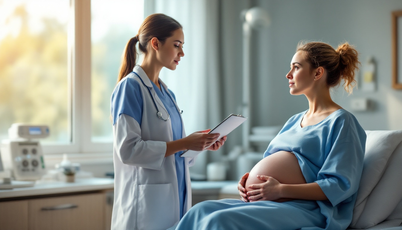 Sage-femme discutant avec une future maman à la maternité, bureau administratif