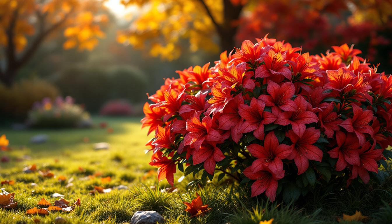 Azalée d’automne en pleine floraison avec feuillage rougeoyant et fleurs orange