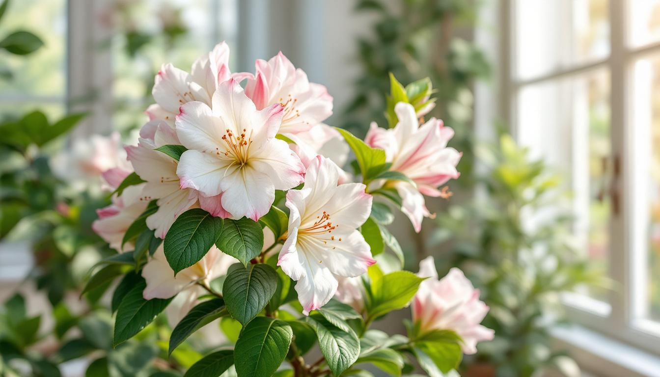 Azalée d’intérieur en pot avec fleurs blanches et roses dans une pièce lumineuse