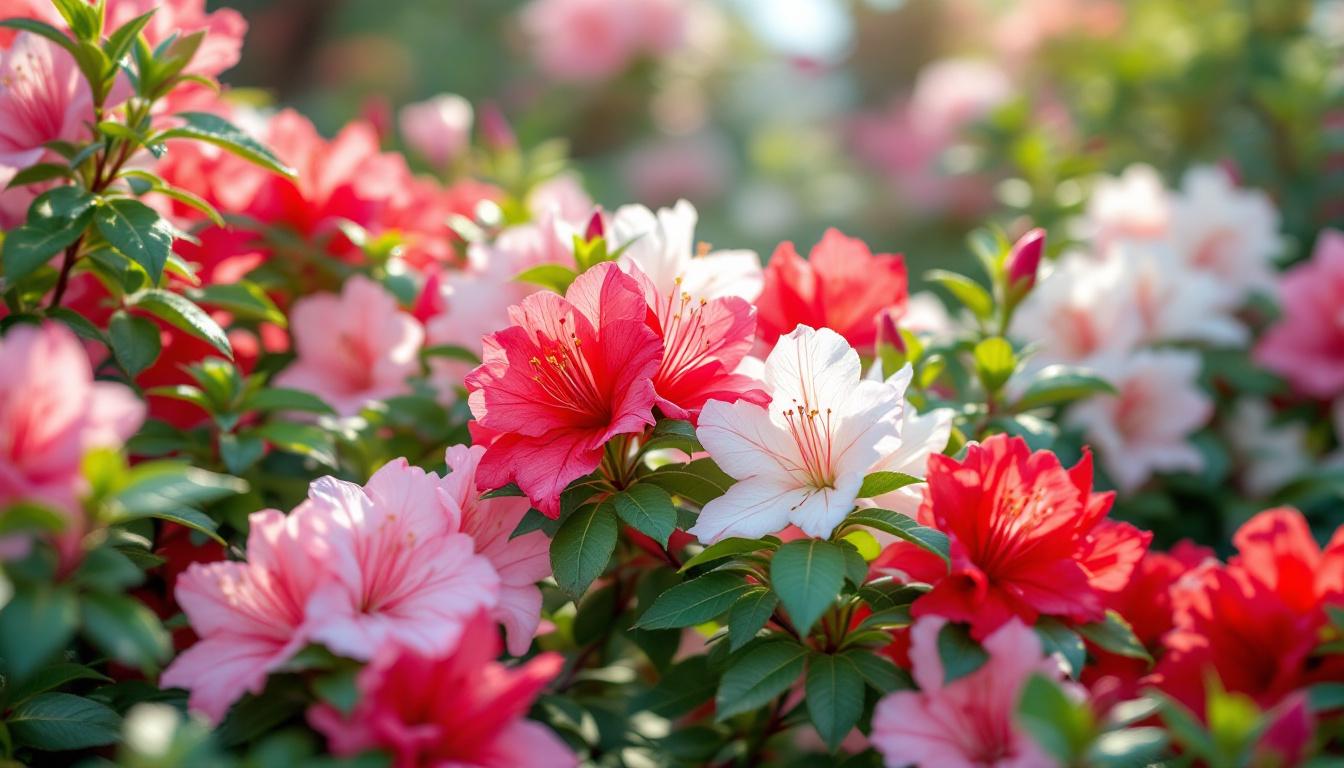 Azalées en pleine floraison avec des fleurs roses, blanches et rouges