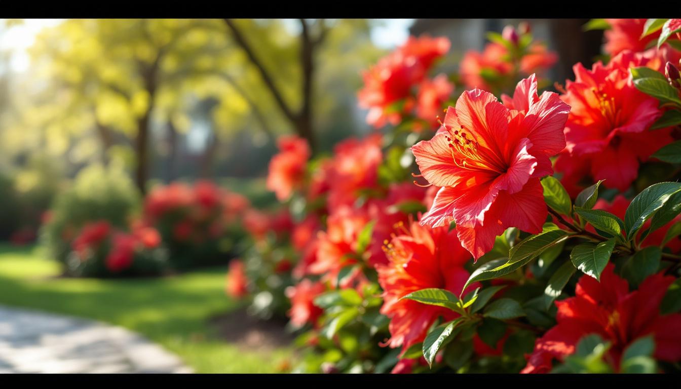 Azalées japonaises avec fleurs rouge vif et orange éclatantes en début de printemps