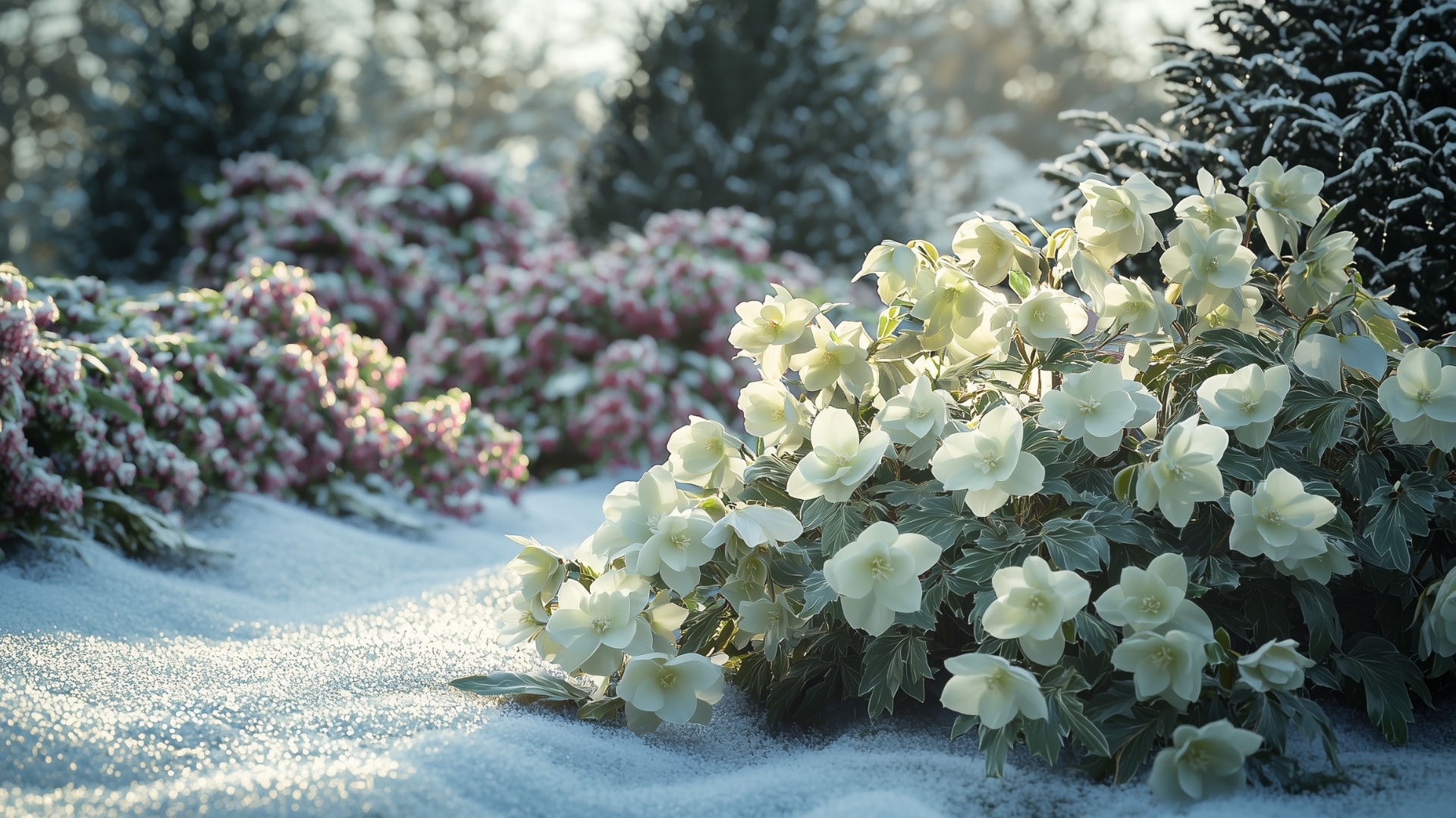 Massif de roses de Noël fleuries dans un jardin d'hiver enneigé