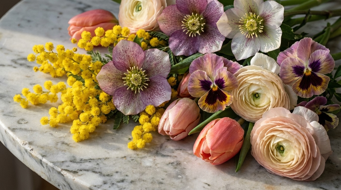 Mimosa hellébores pensées tulipes renoncules février bouquet