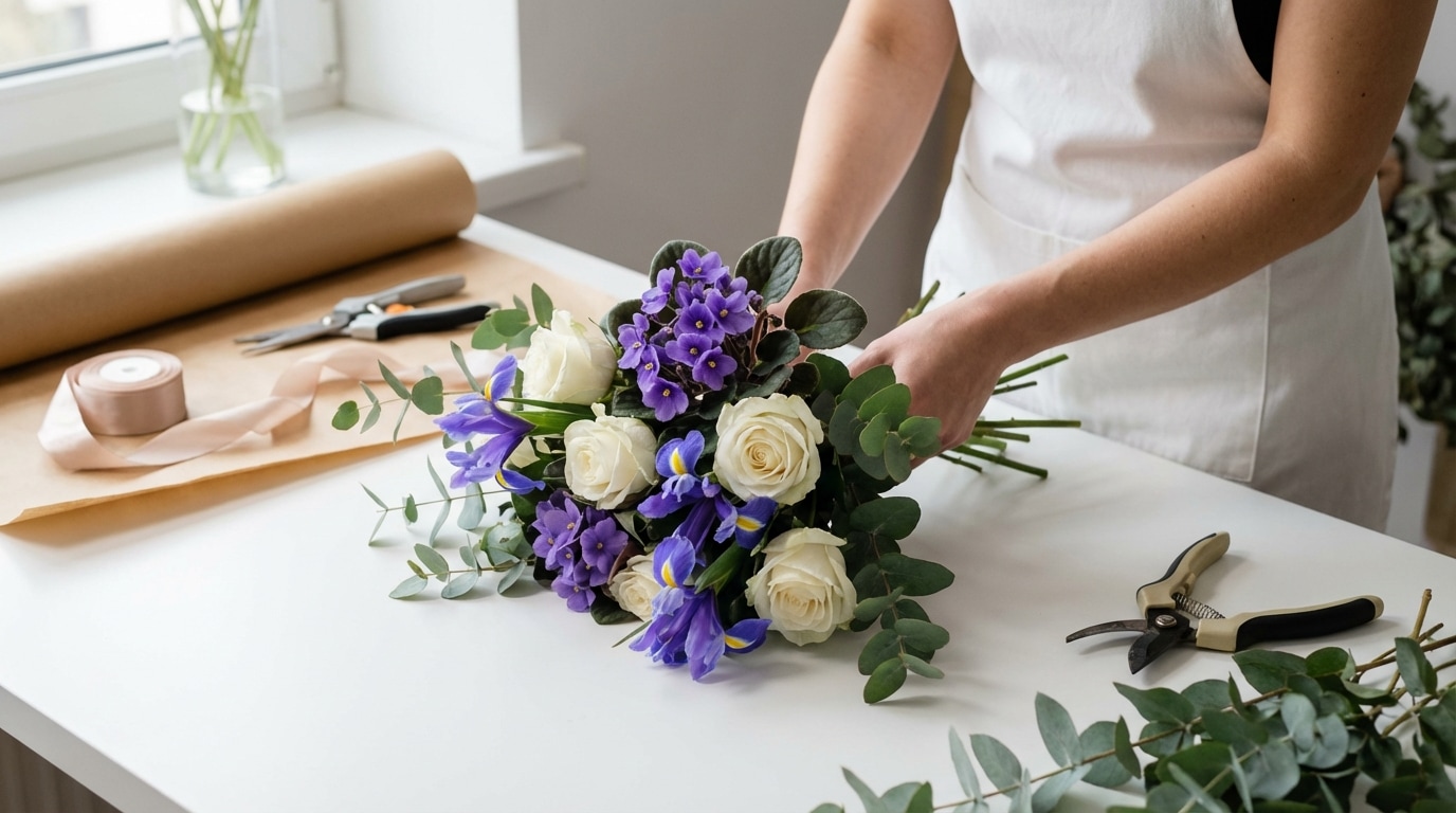 Bouquet artisanal violettes iris février Entrefleuristes