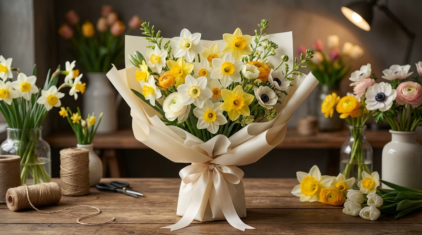 Création artisanale bouquet Entrefleuristes narcisse mars
