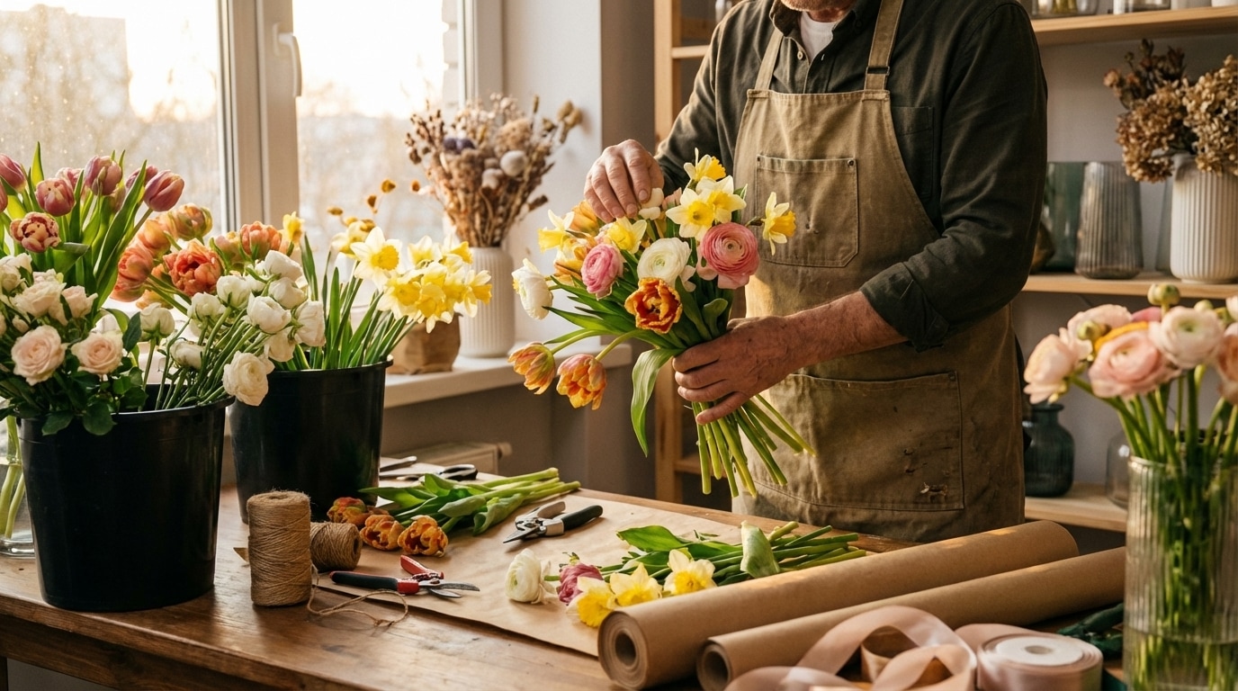 Artisan fleuriste atelier composition bouquet printemps