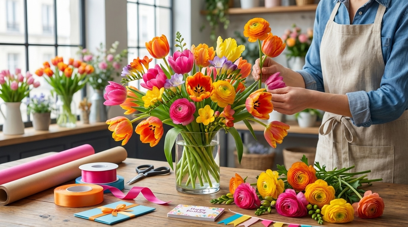 Bouquet anniversaire tulipes colorées composition festive