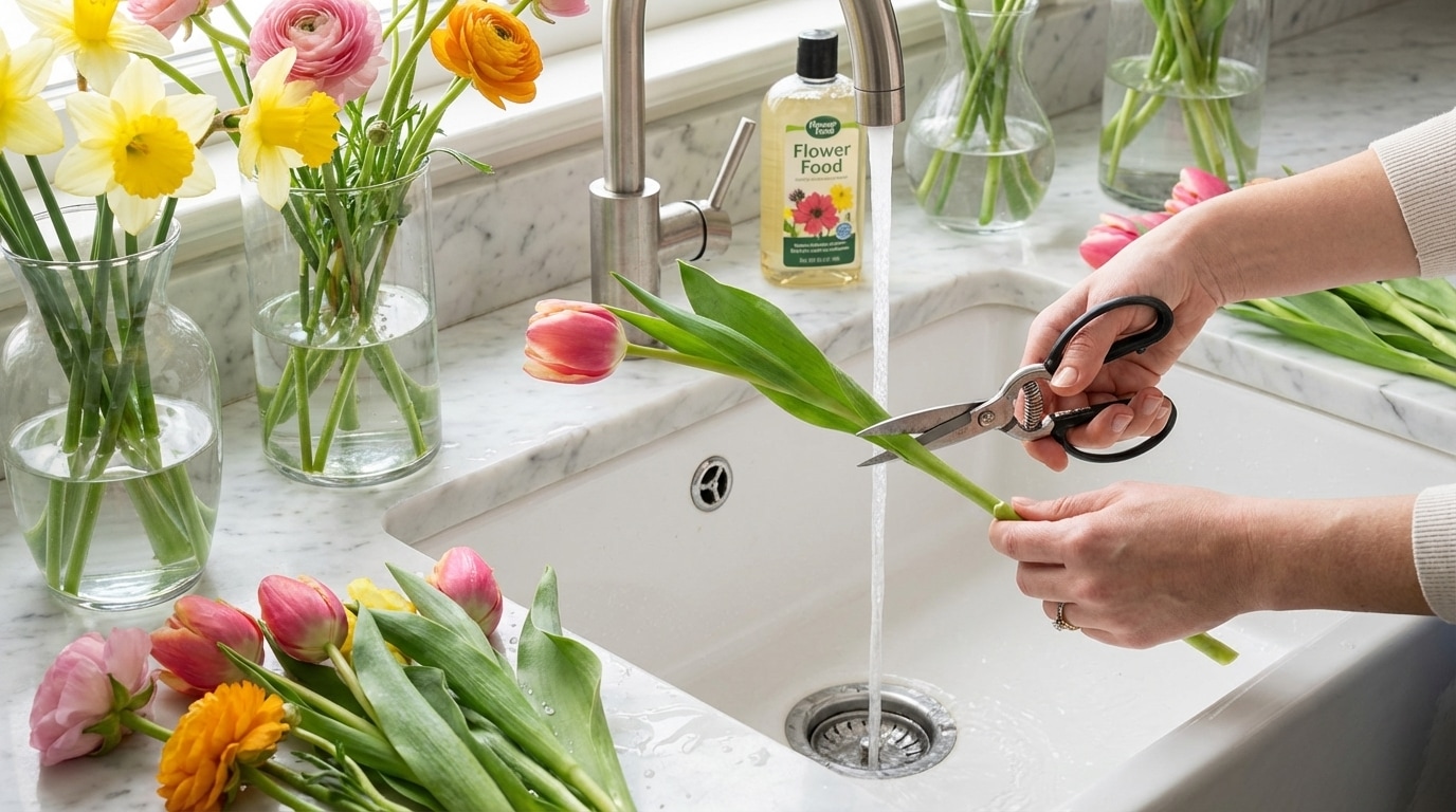 Entretien fleurs vase coupe tiges conseils