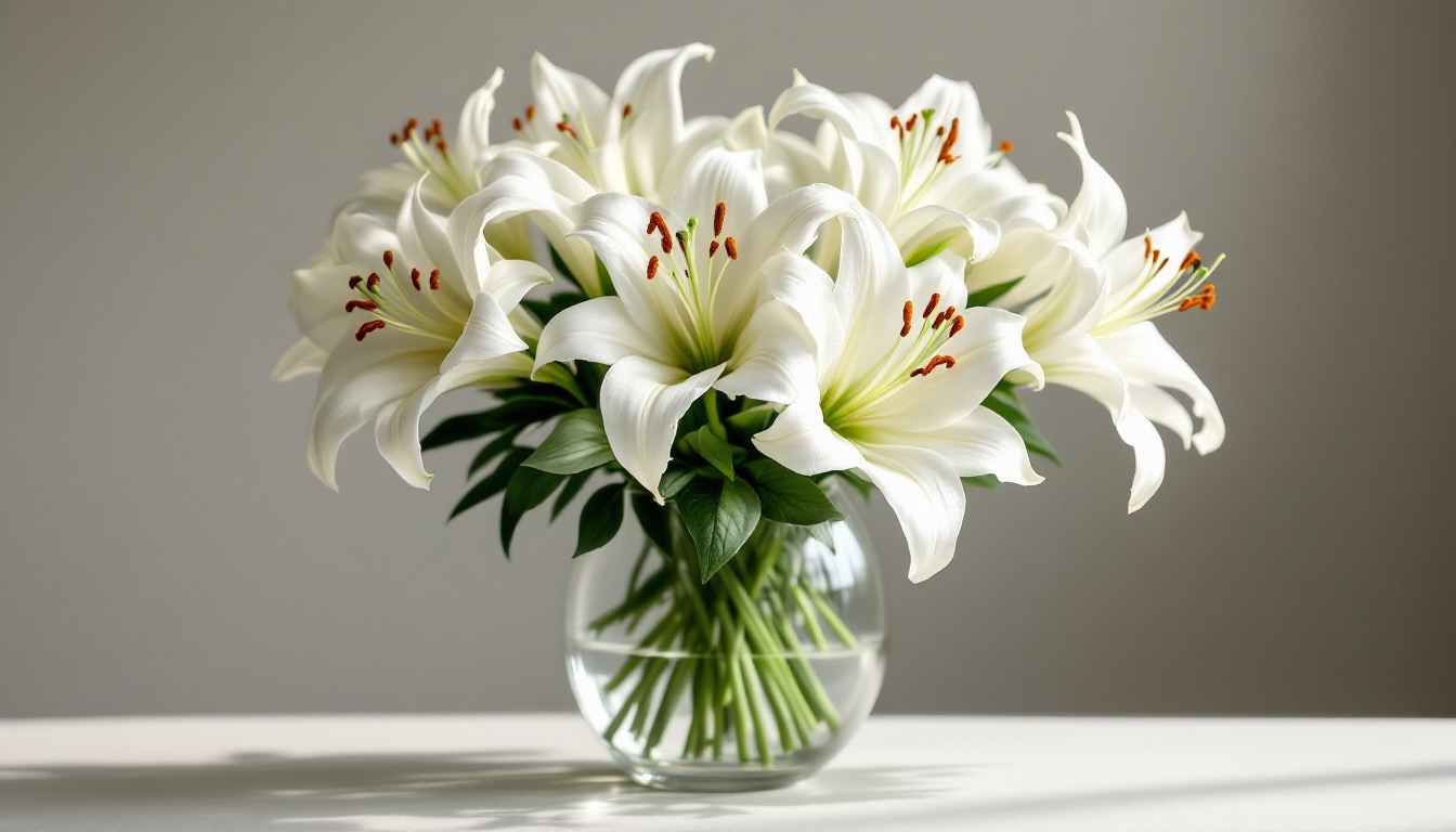 Arrangement élégant de lys blancs Casablanca avec étamines retirées pour éviter les taches