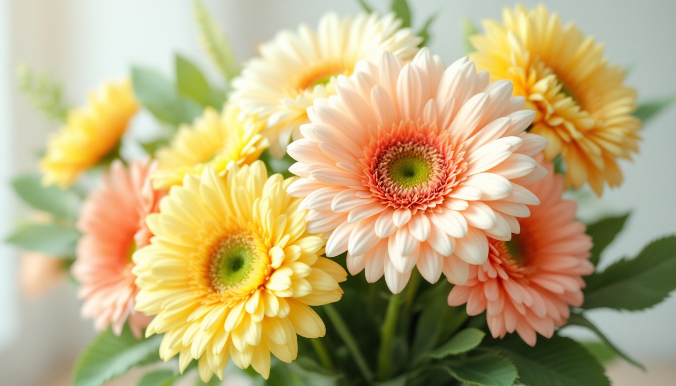 Bouquet joyeux de gerberas multicolores aux teintes douces pour accueillir bébé