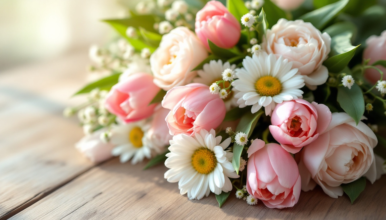 Bouquet printanier avec tulipes, marguerites et pivoines aux couleurs douces de saison