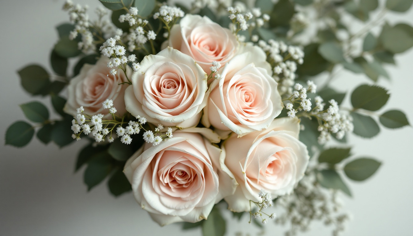 Bouquet de roses blanches et roses pâles symbolisant la pureté et la tendresse