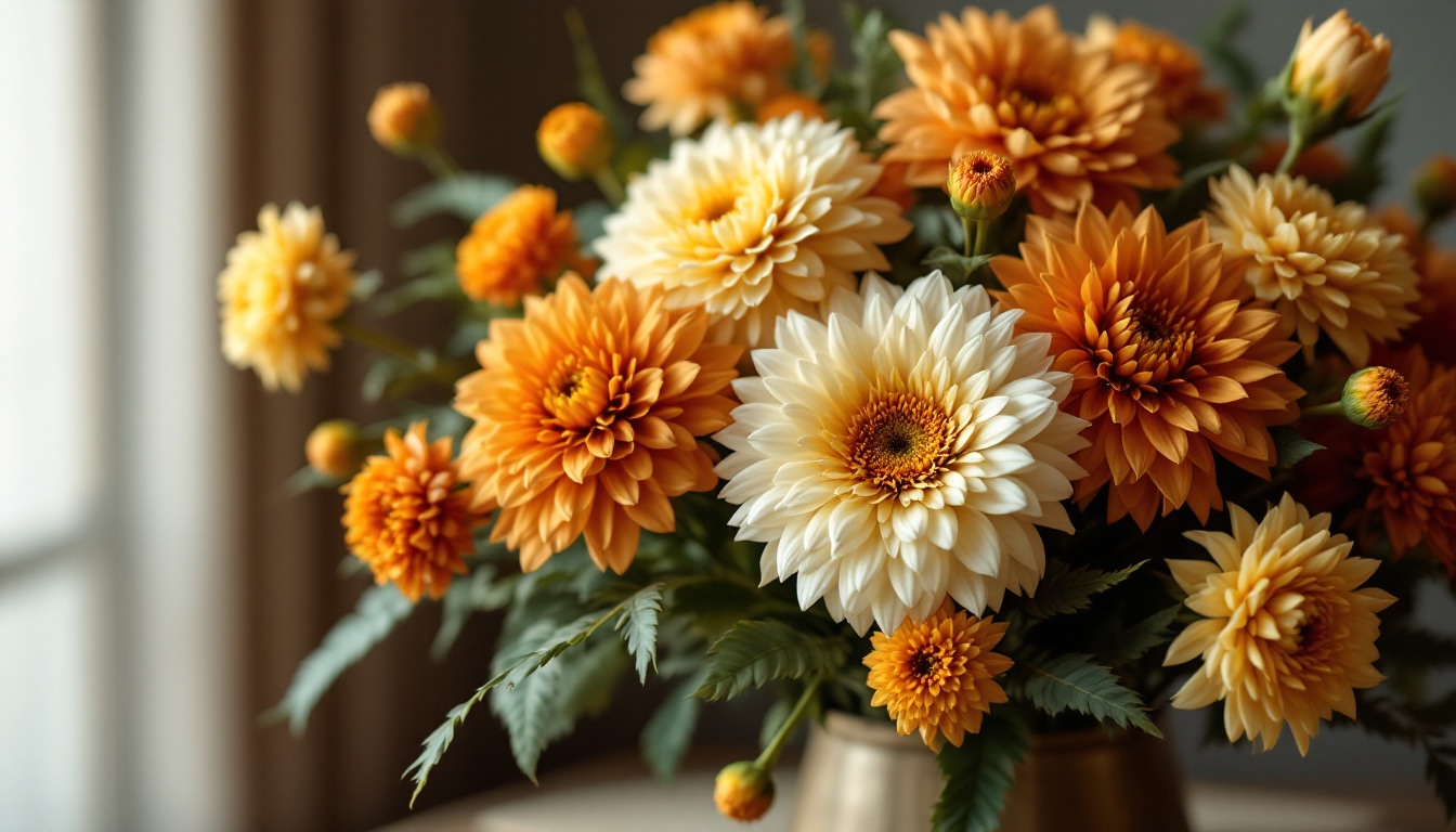 Composition automnale sophistiquée avec chrysanthèmes Santini et dahlias aux tons chauds