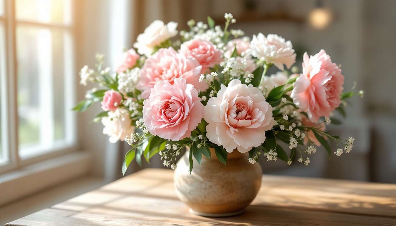 Composition florale douce mêlant œillets roses et blancs avec gypsophile symbolisant l'amour pur