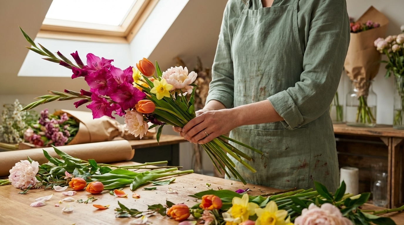 Artisan fleuriste compose bouquet printemps audacieux