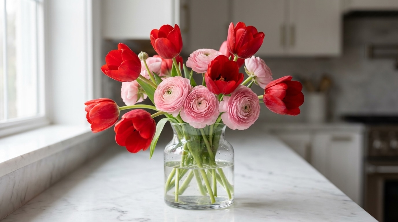 Bouquet tulipes rouges roses renoncules avril