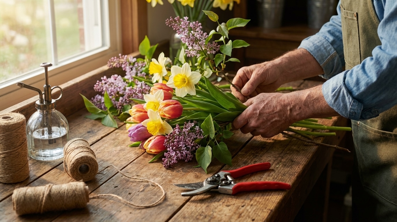 Composition bouquet artisanal techniques fleurs printemps