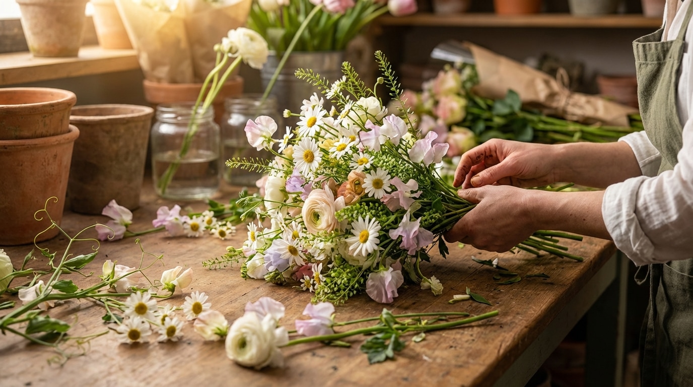 Fleuriste compose bouquet marguerites anniversaire avril