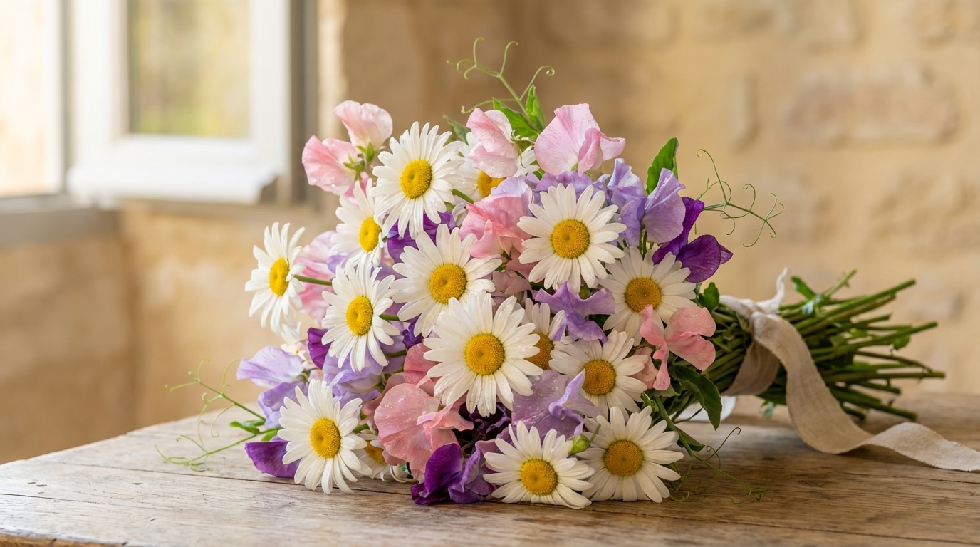 Marguerites et pois de senteur bouquet fleurs avril