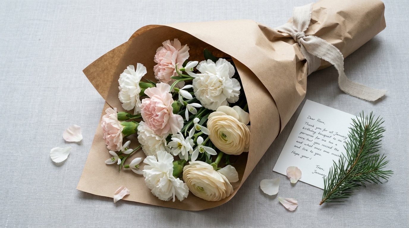 Bouquet fleurs naissance janvier anniversaire personnalisé