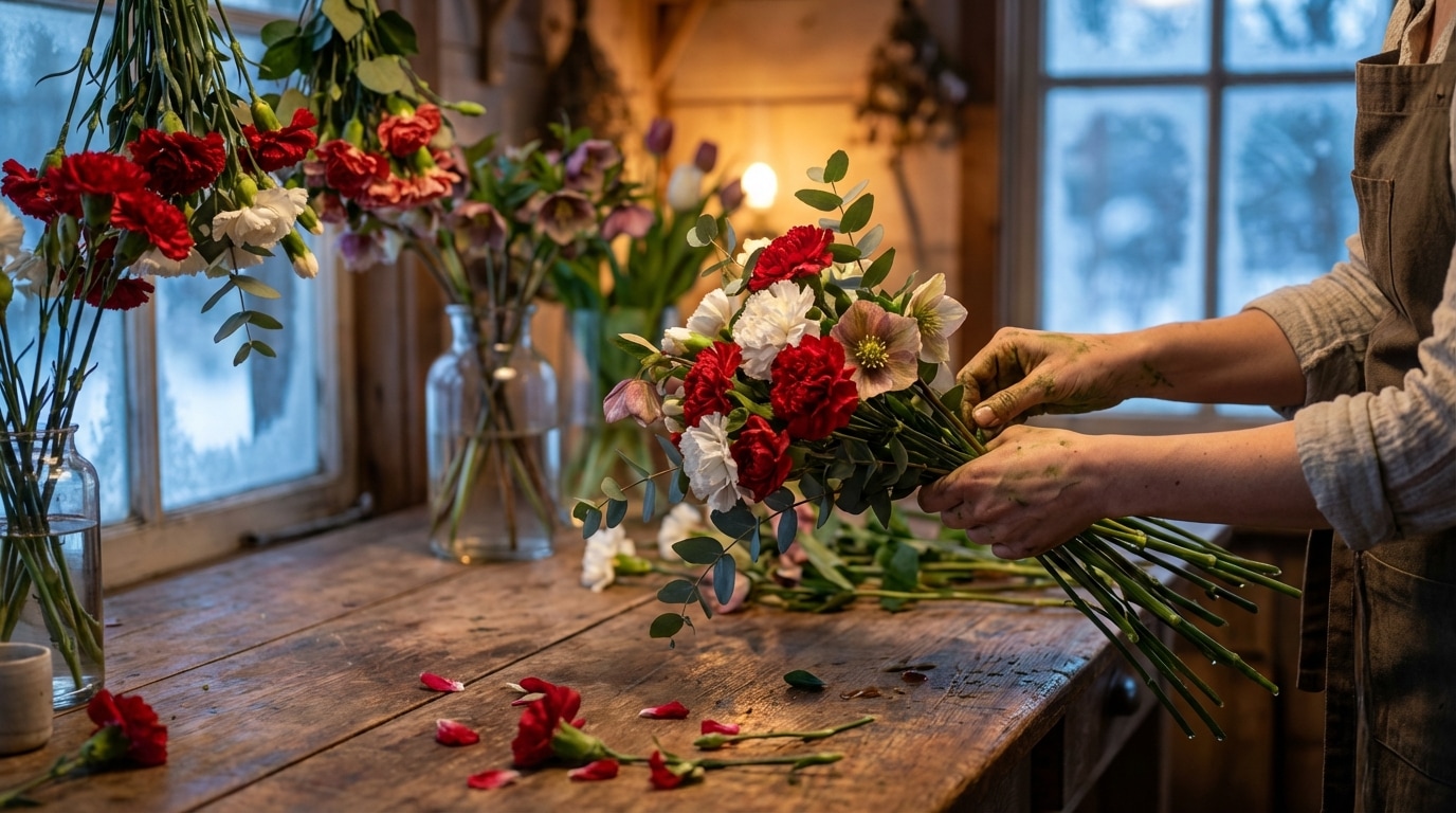 Fleuriste artisan composition florale hiver atelier