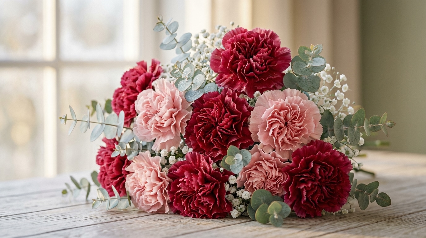 Œillet rouge et rose bouquet fleur naissance janvier
