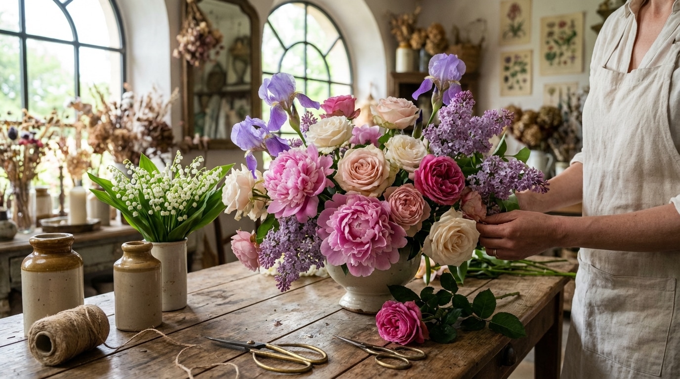 Pivoines roses muguet iris bouquet mai fleurs