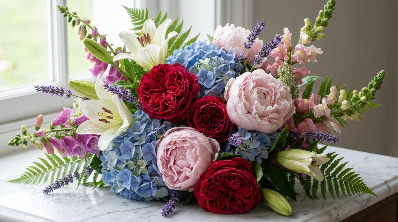 Bouquet roses pivoines hortensias fleurs juin