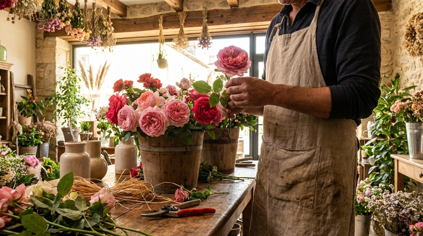 Fleuriste artisan sélectionnant roses fraîches juin