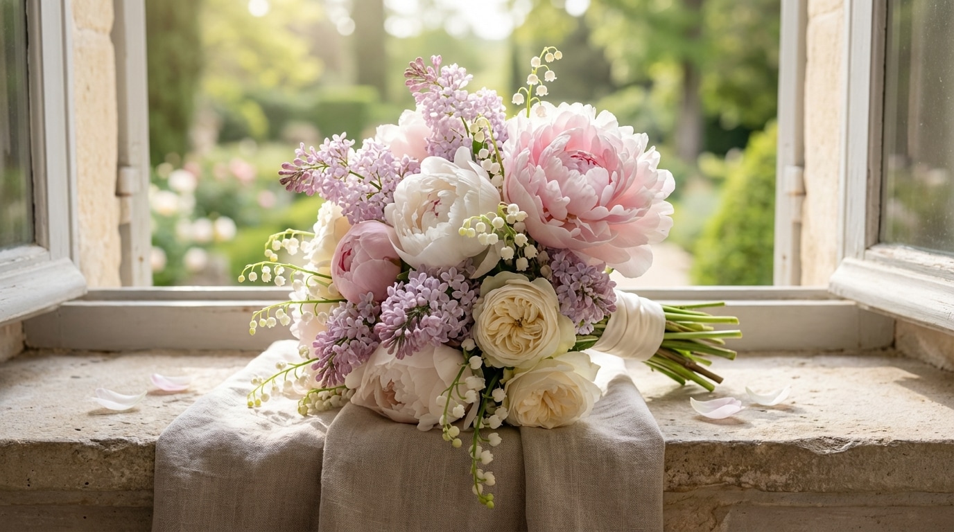 Bouquet muguet pivoine lilas mariage mai fleuriste artisan