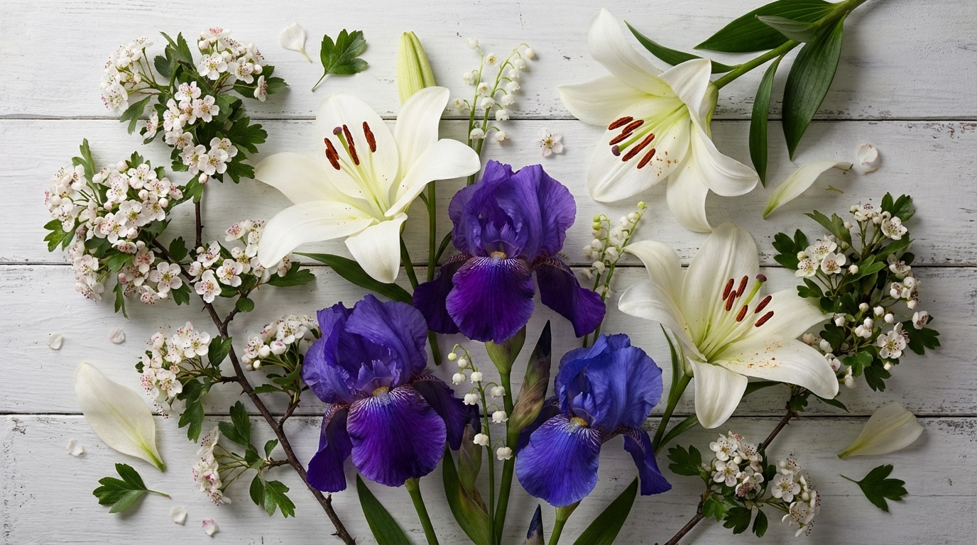 Fleurs secondaires mai aubépine lys iris bouquet printanier