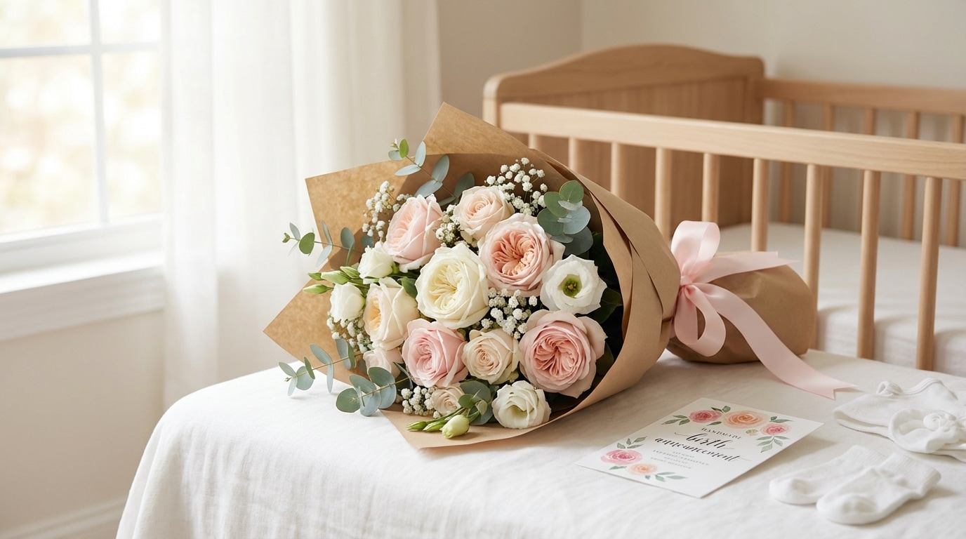 Bouquet roses naissance juin cadeau faire-part bébé