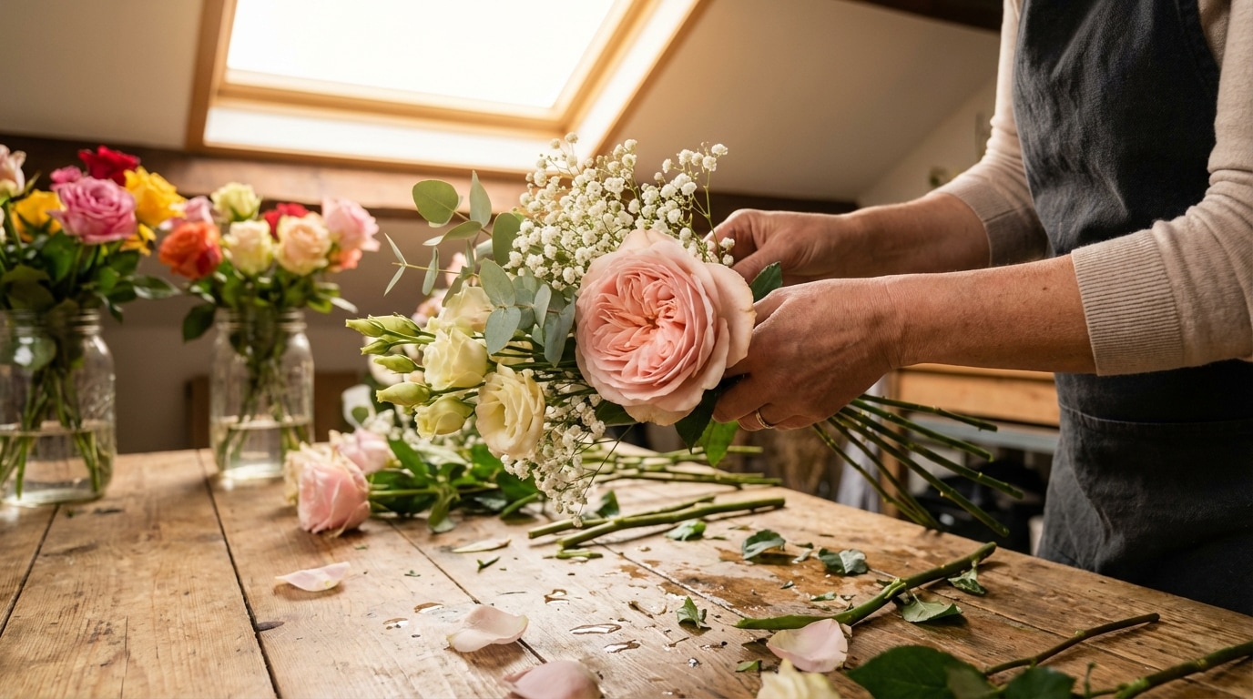 Fleuriste artisan composition roses bouquet naissance juin