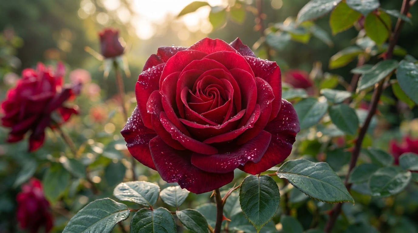 Rose rouge épanouie fleur de naissance juin jardin