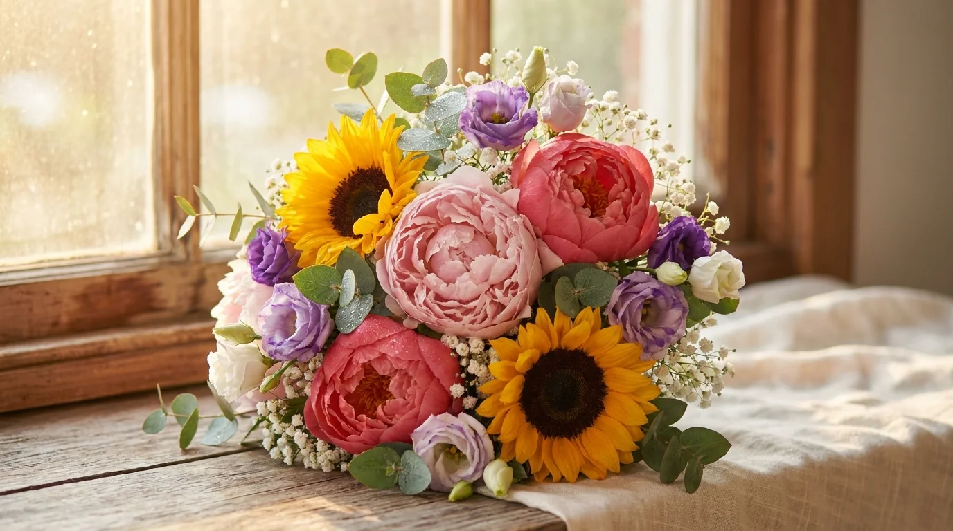 Pivoines roses tournesols lisianthus bouquet gratitude enseignant