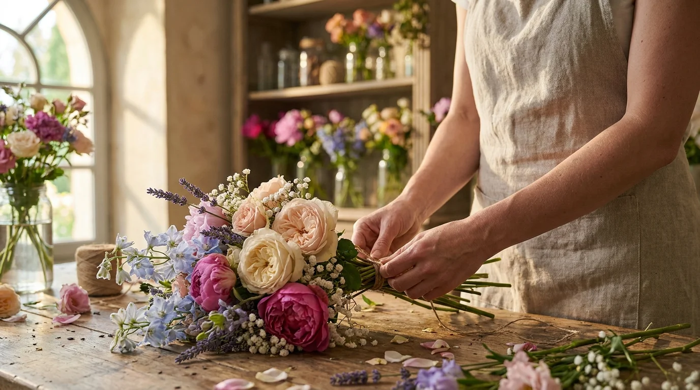 Bouquet de saison juin pivoine rose jardin artisanal