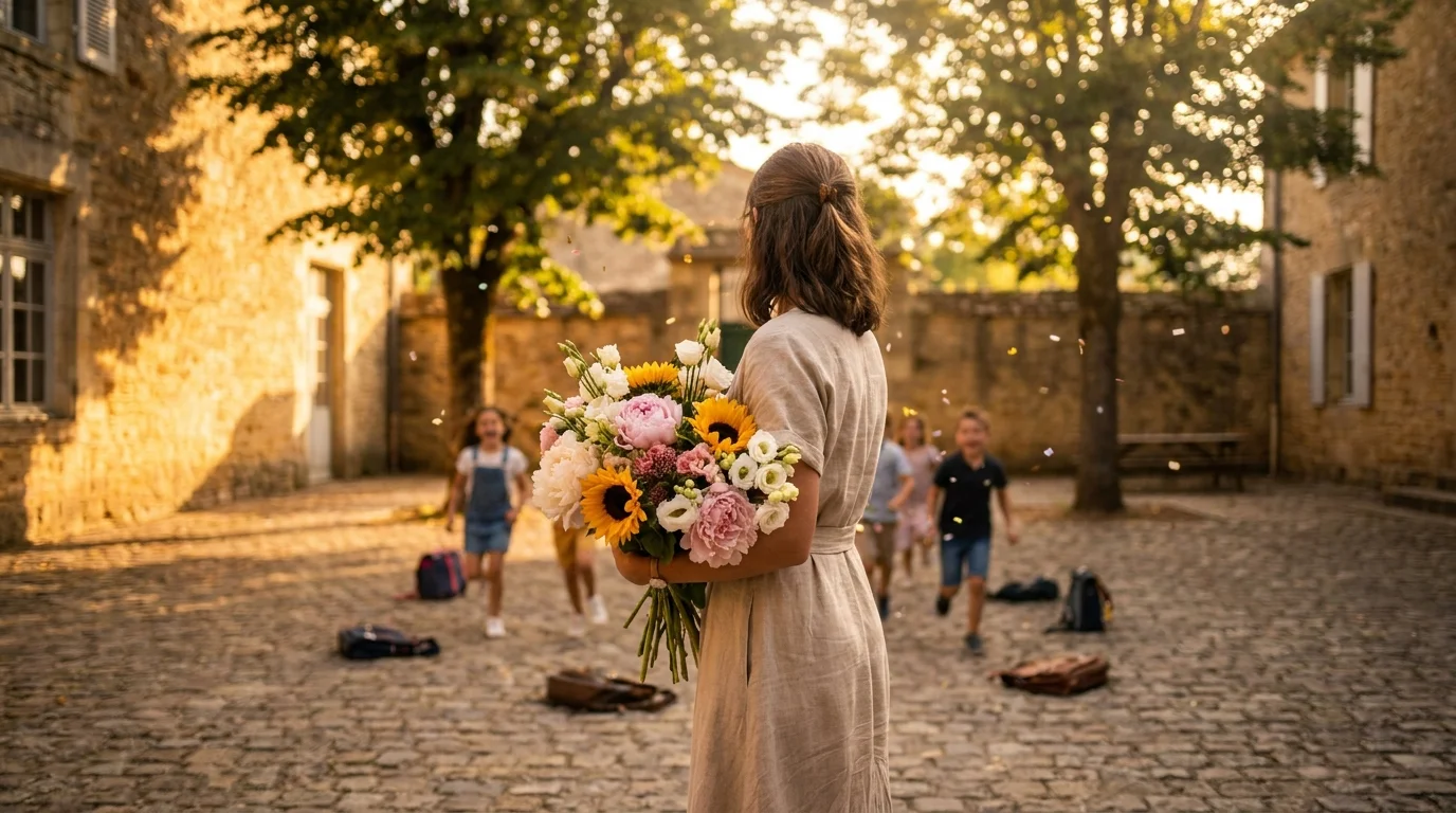Enseignante recevant bouquet fleurs dernier jour école
