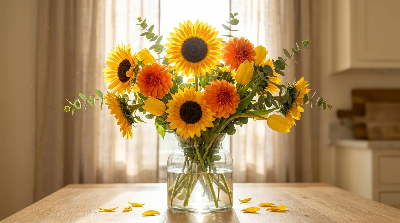 Bouquet jaune orange vert joie enthousiasme espoir fleurs